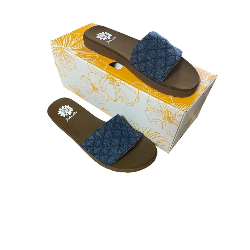 Yellow Box Fitzy Blue Quilted Denim Slide Sandals Womens Size 7M Flat Shoes new - Picture 5 of 11